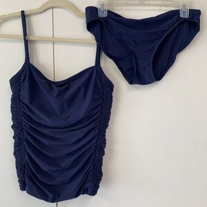 DKNY SWIM Navy Ruched Tankini Top & Bikini Bottom Set - sz L